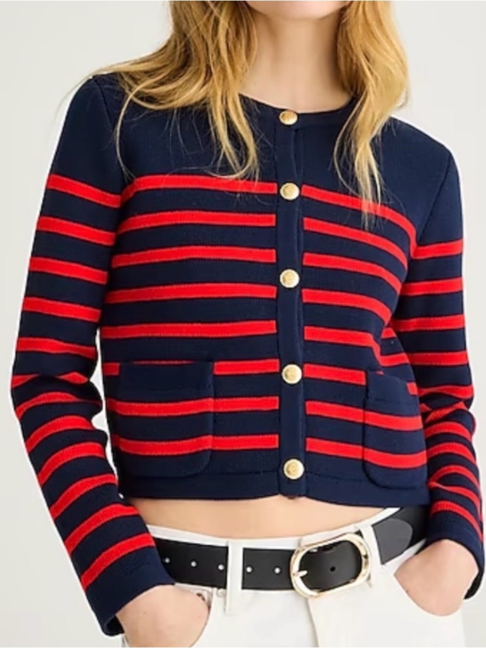 J. Crew Emilie striped sweater jacket blue & red gold buttons cropped size M